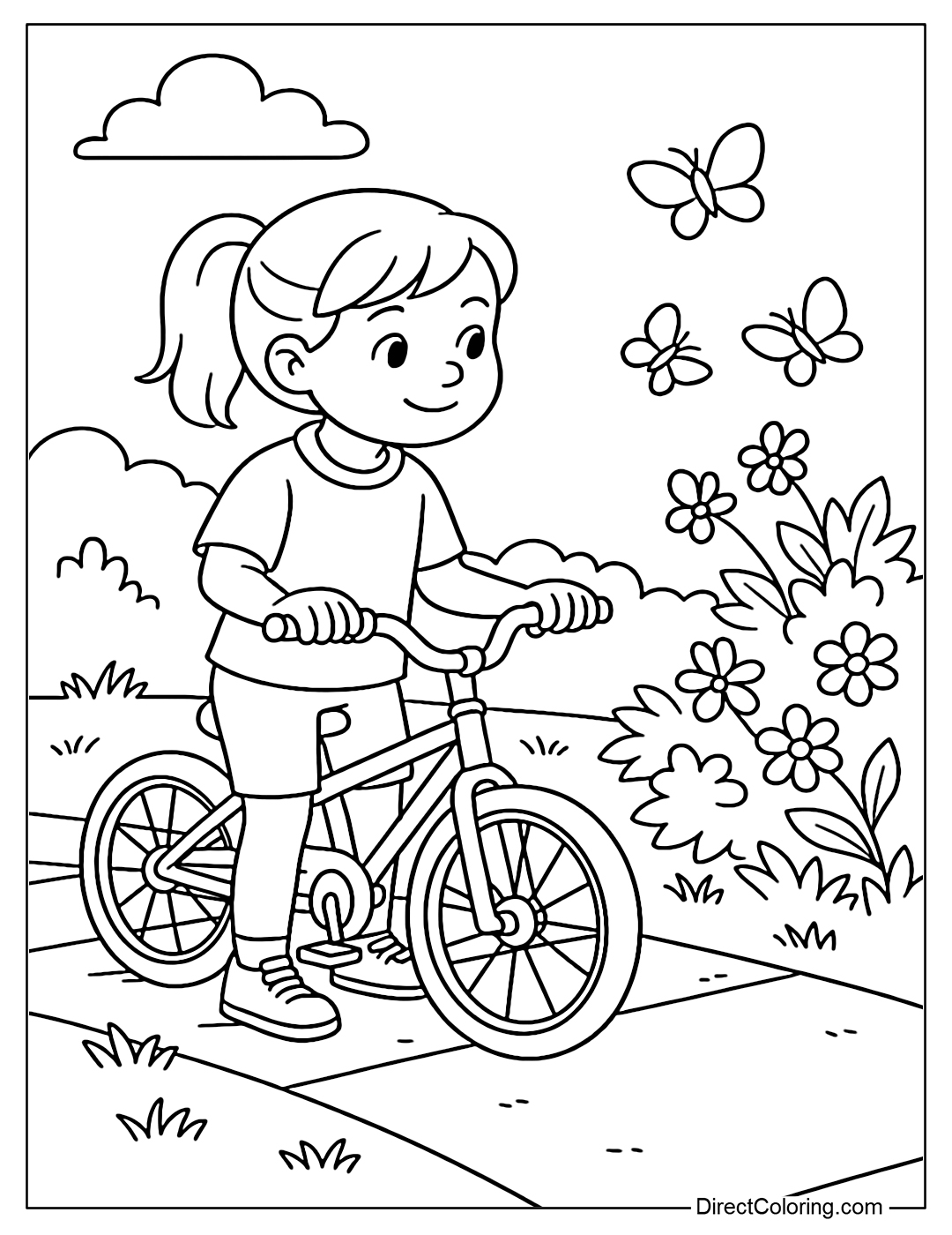 A girl coloring page where she stops her bike and watches butterflies flying around the flower bushes on the side of the road.